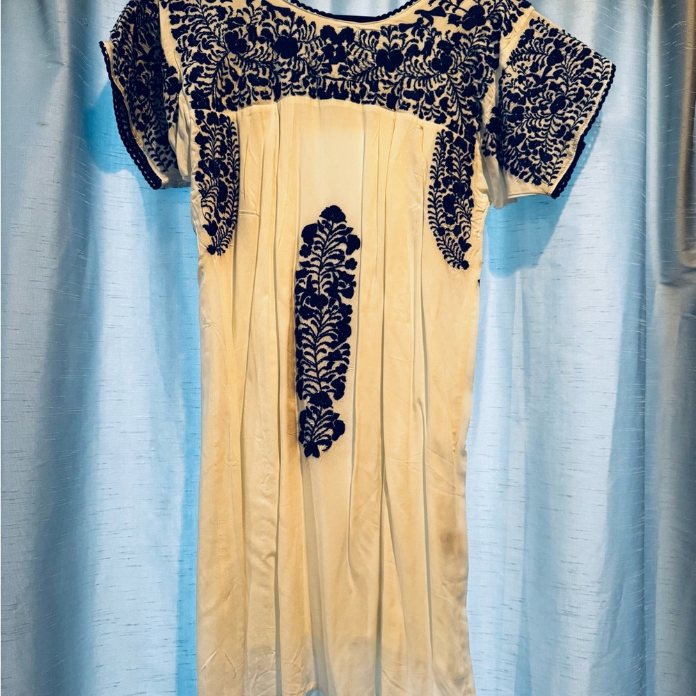 Spanish style Buddy Basics white & Cobalt blue  Mini Dress with Embroidery